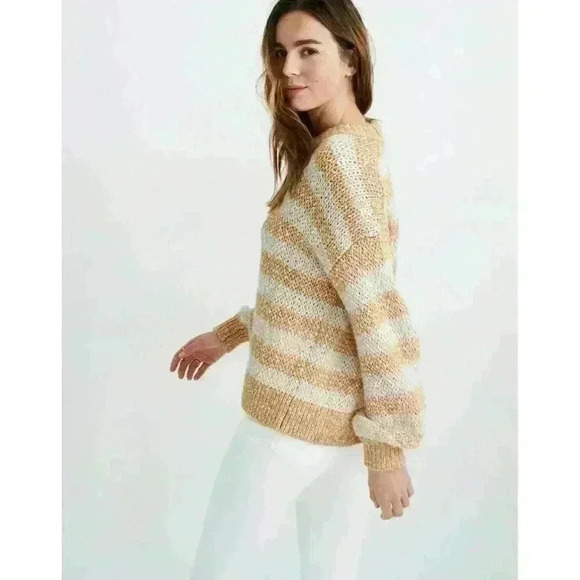 Madewell BAEZ Sweater Size XL White & Orange Stripes Chunky Knit Alpaca Wool - Picture 2 of 7